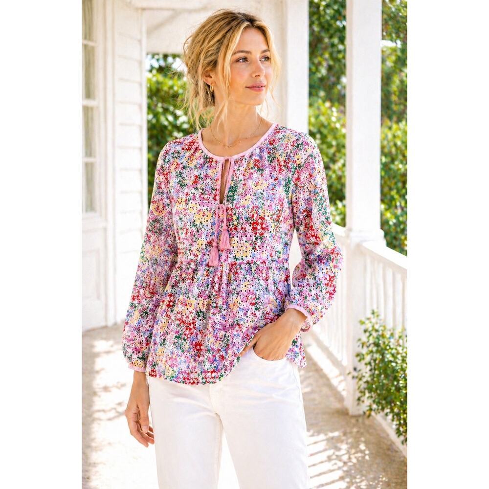 Joules Floral Eyelet Cotton Blouse White Pink Tassel Tie Size 12 - Picture 4 of 12